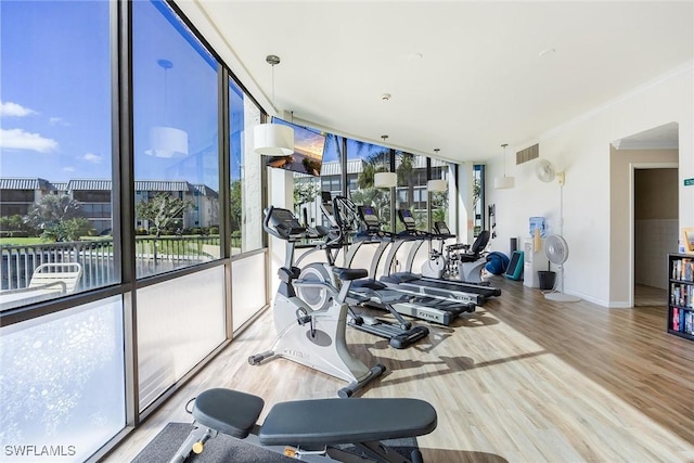 exercise room with crown molding, hardwood / wood-style flooring, and a wall of windows