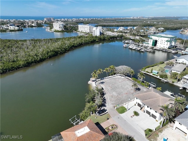 aerial view featuring a water view