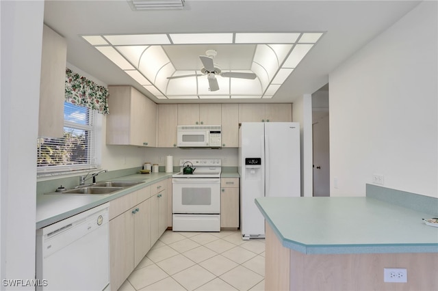 kitchen featuring a tray ceiling, sink, kitchen peninsula, light brown cabinets, and white appliances