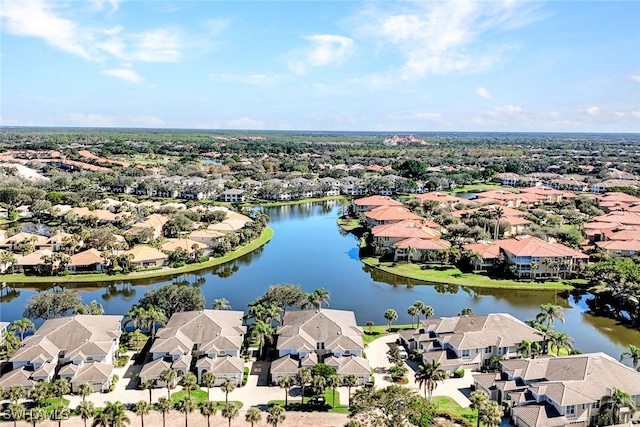 drone / aerial view with a water view