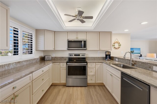 kitchen featuring sink, light hardwood / wood-style flooring, appliances with stainless steel finishes, a tray ceiling, and cream cabinetry