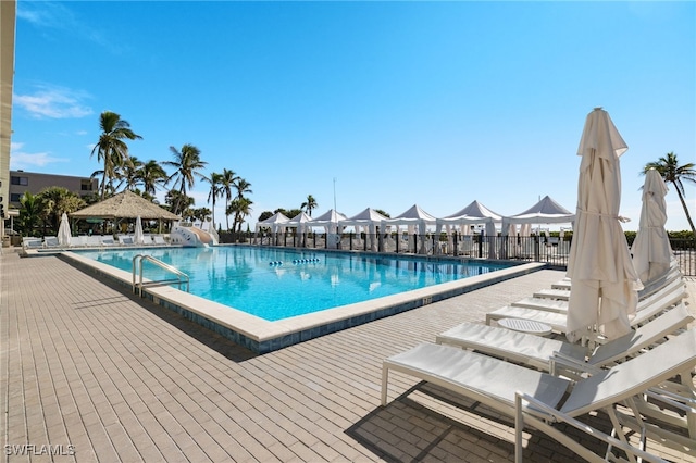 view of swimming pool featuring a gazebo