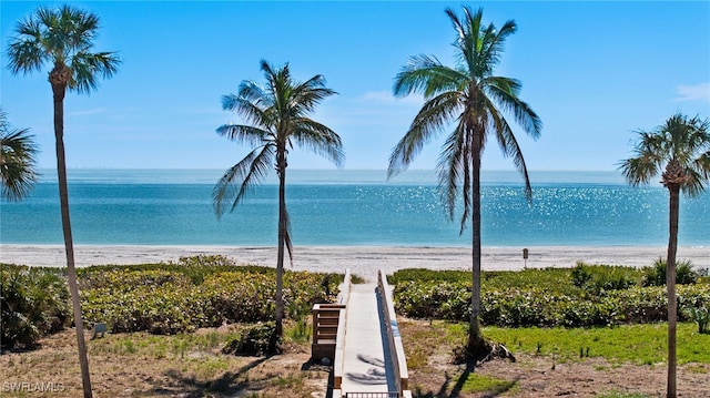 view of water feature with a beach view