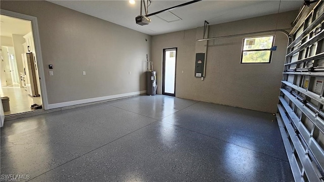 garage with a garage door opener, fridge, electric panel, and water heater