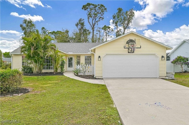 ranch-style house featuring a garage and a front yard