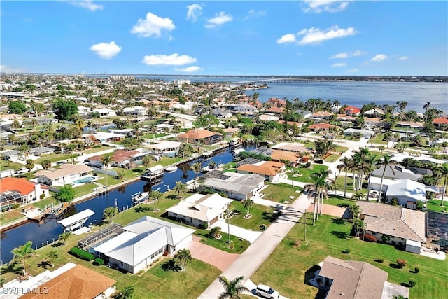 aerial view featuring a water view