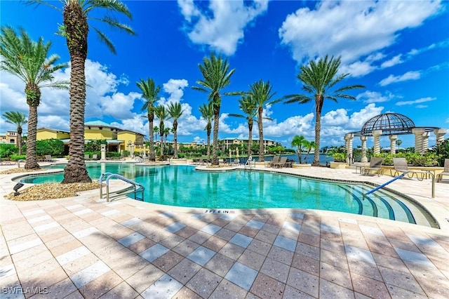 view of swimming pool with a patio