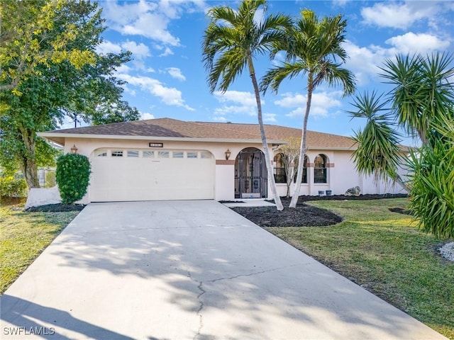 ranch-style home with a garage and a front lawn