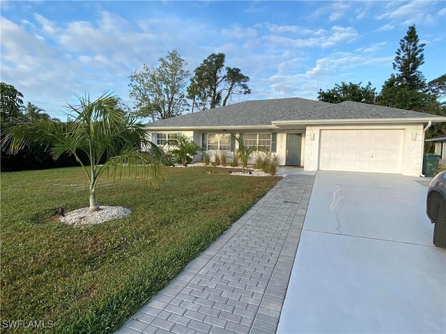 single story home featuring a garage and a front lawn