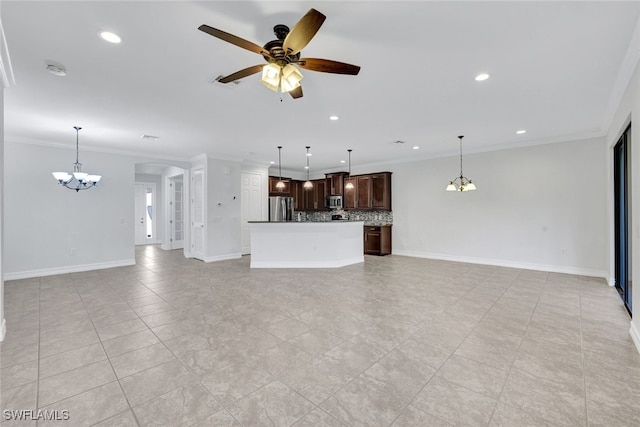 unfurnished living room with crown molding, ceiling fan with notable chandelier, and light tile patterned flooring