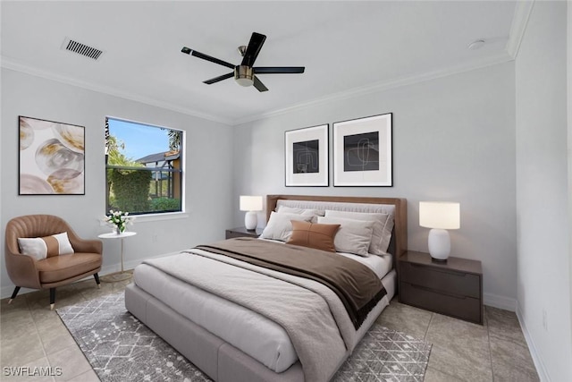 bedroom with ornamental molding, light tile patterned flooring, and ceiling fan