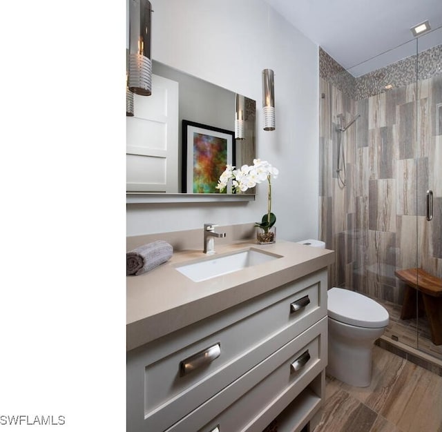 bathroom with vanity, wood-type flooring, toilet, and walk in shower