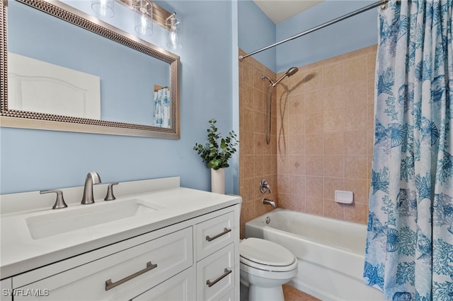 full bathroom featuring vanity, shower / tub combo with curtain, and toilet