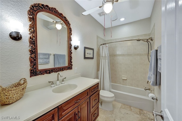 full bathroom featuring ceiling fan, vanity, toilet, and shower / bath combo with shower curtain