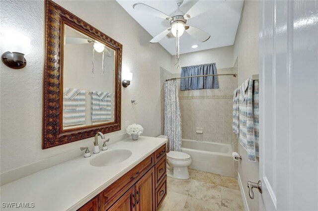 full bathroom with shower / bath combo, vanity, ceiling fan, and toilet