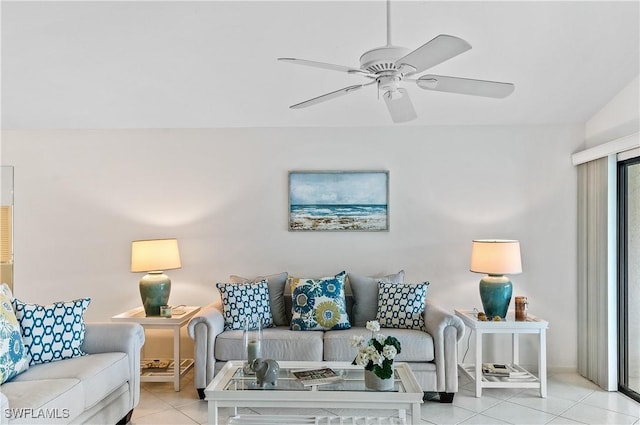 tiled living room featuring ceiling fan