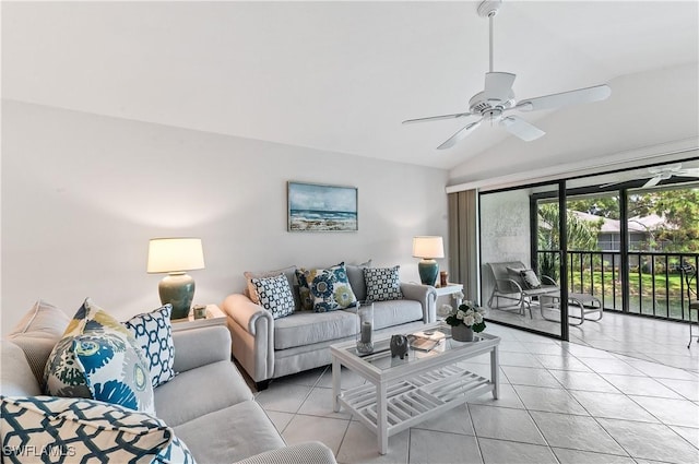 tiled living room with vaulted ceiling and ceiling fan