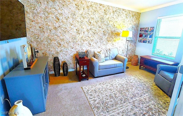 carpeted living room with crown molding