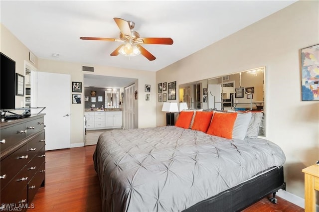 bedroom with dark wood-type flooring and ceiling fan