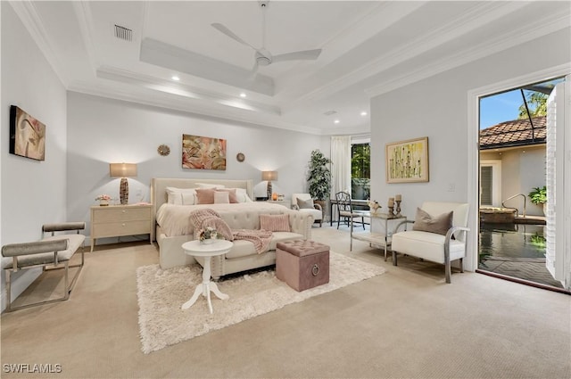 bedroom with multiple windows, light carpet, and access to outside