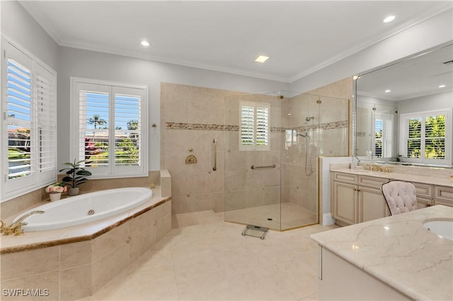 bathroom with independent shower and bath, vanity, plenty of natural light, and crown molding