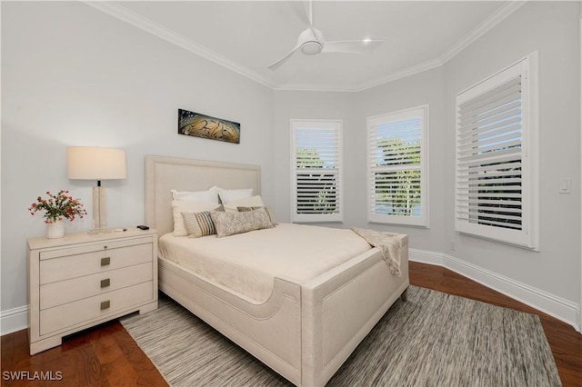 bedroom featuring ornamental molding, dark hardwood / wood-style floors, and ceiling fan