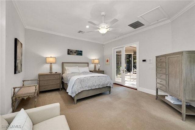 bedroom featuring ceiling fan, access to exterior, ornamental molding, light colored carpet, and french doors