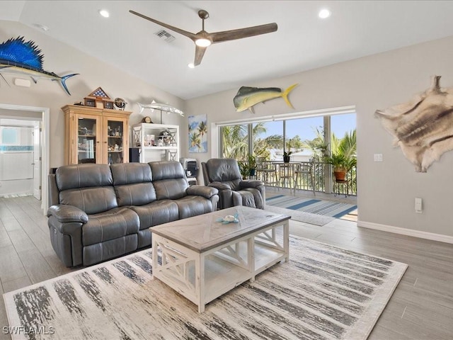 living area featuring a ceiling fan, recessed lighting, wood finished floors, and visible vents