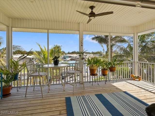 unfurnished sunroom with ceiling fan and a healthy amount of sunlight