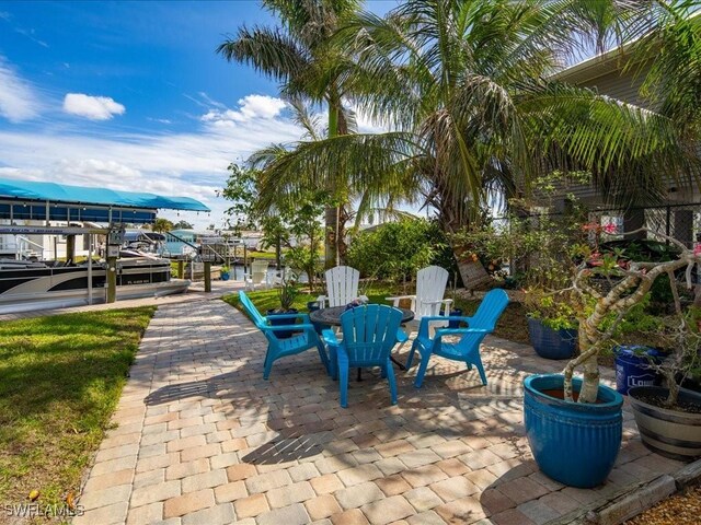 view of patio / terrace featuring a dock and a water view