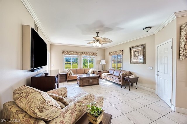 tiled living room with ornamental molding and ceiling fan