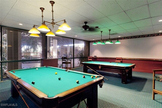 game room with pool table, carpet floors, and a paneled ceiling