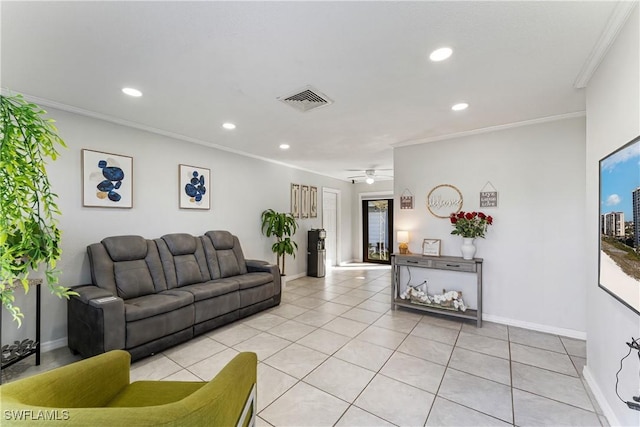 living room featuring light tile patterned floors, ornamental molding, and ceiling fan