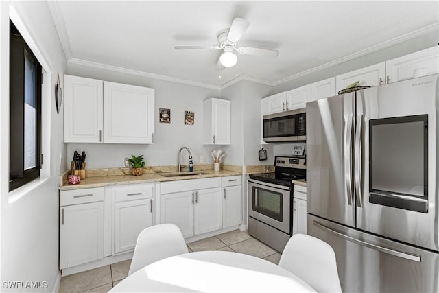 kitchen with sink, ornamental molding, white cabinets, and appliances with stainless steel finishes