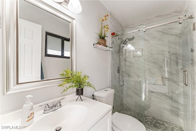 bathroom featuring vanity, a shower with door, and toilet