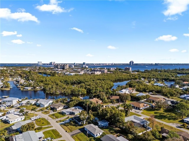 drone / aerial view featuring a water view