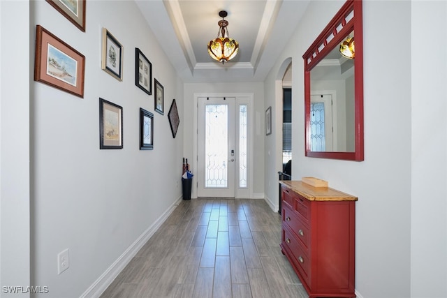 foyer featuring a tray ceiling and light wood-type flooring