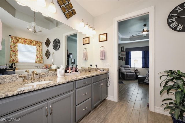 bathroom with vanity, a tray ceiling, ceiling fan with notable chandelier, and a bathtub