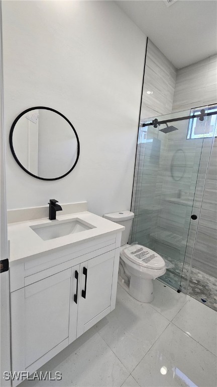 bathroom with vanity, toilet, and walk in shower