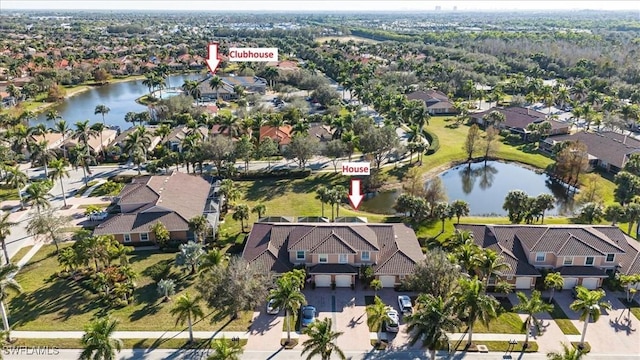 drone / aerial view featuring a water view