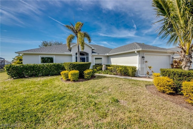 ranch-style home featuring a garage and a front yard