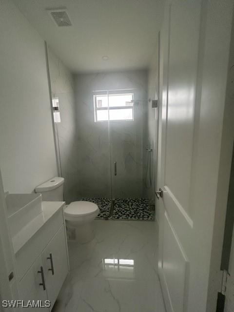 bathroom with an enclosed shower, vanity, and toilet