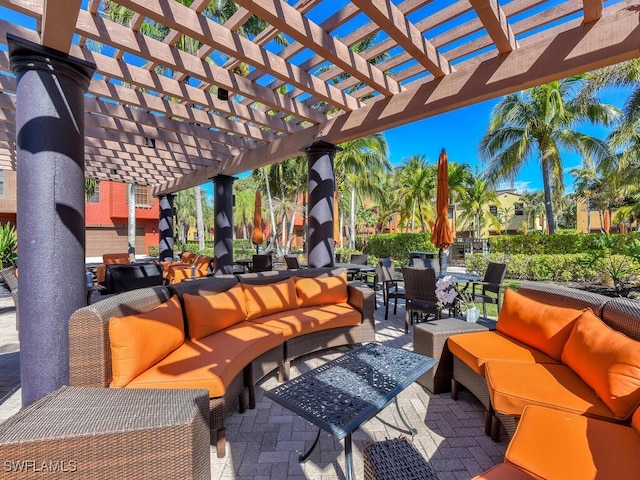 view of patio featuring an outdoor living space and a pergola