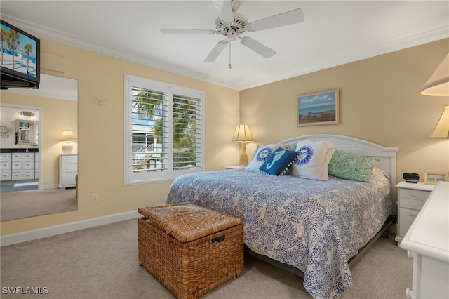 carpeted bedroom with crown molding and ceiling fan