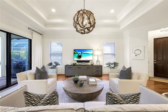 living room featuring a tray ceiling and hardwood / wood-style floors