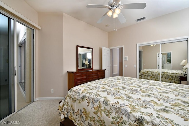 carpeted bedroom featuring ceiling fan