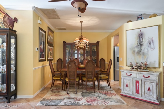 tiled dining space with crown molding and ceiling fan with notable chandelier