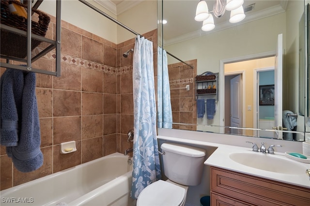 full bathroom with vanity, crown molding, toilet, and shower / bath combo with shower curtain