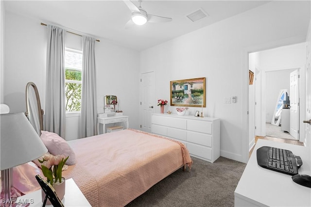 carpeted bedroom featuring ceiling fan