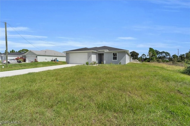 view of front of property with a garage, a front lawn, concrete driveway, and stucco siding